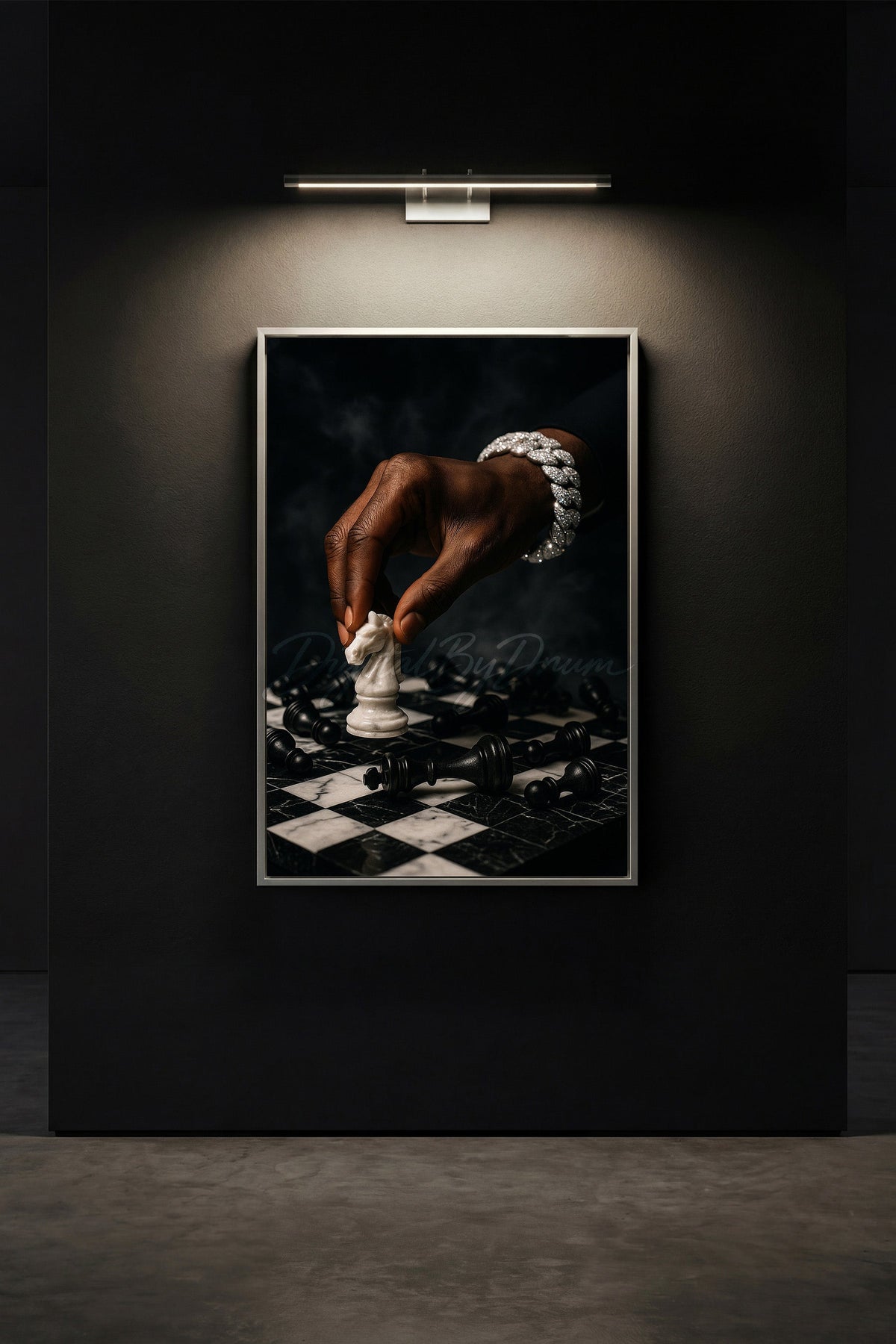 Calculated Move chess artwork framed on a dark executive office wall