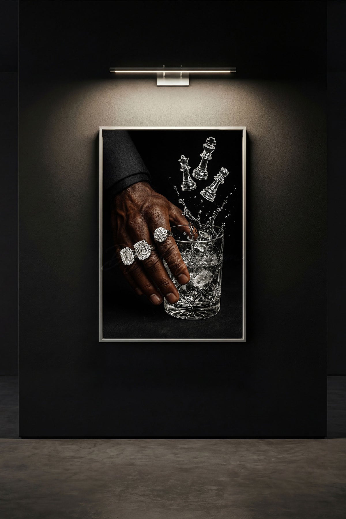 The Pour artwork with a jeweled hand and whiskey glass displayed in a home bar setting