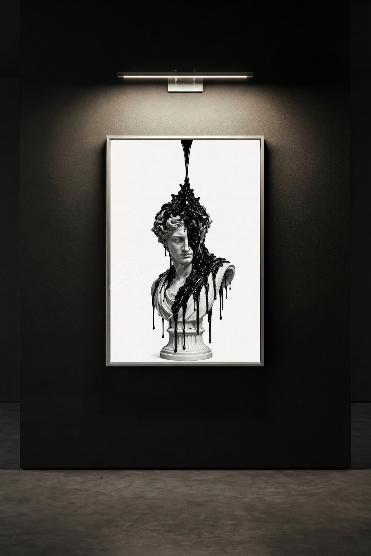 Under Pressure art of a classical marble bust with glossy black paint pouring down one side on a white background