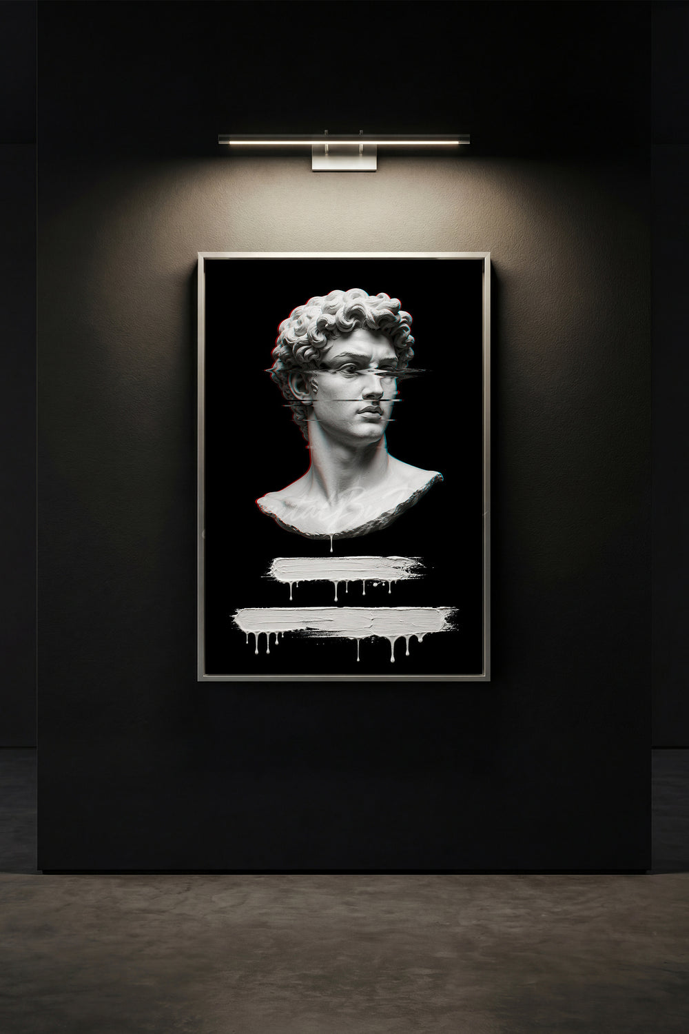 Static Mind art of a classical marble bust with glitch lines, red and cyan edges, and white paint drips on black